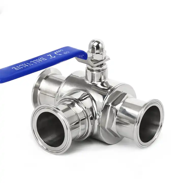 TKFM stainless steel 2inch 3-way t-type sanitary 3 way pneumatic rotary actuator ball valve T